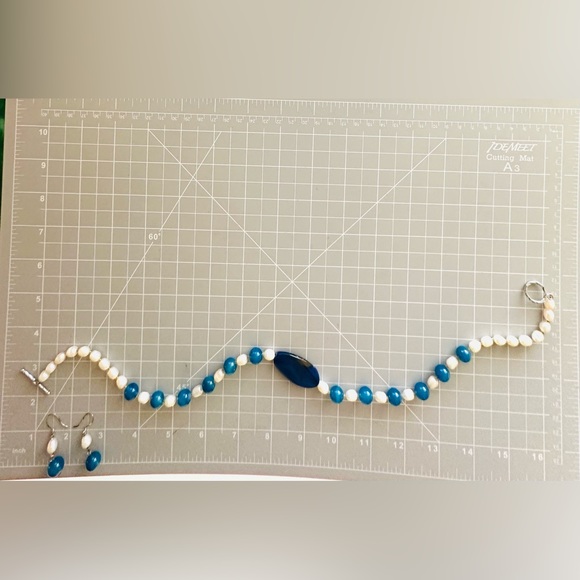 Vintage Pearl Blue Agate Necklace & Earrings - Picture 5 of 17